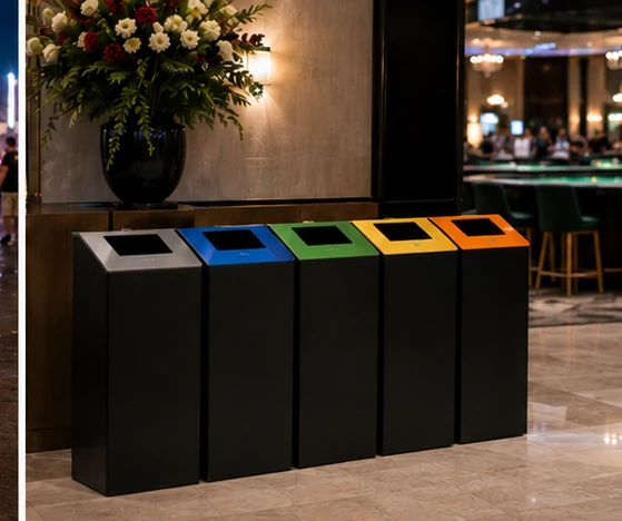 Kleurgecodeerde afvalcontainers opgesteld voor een casino night bedrijfsevenement