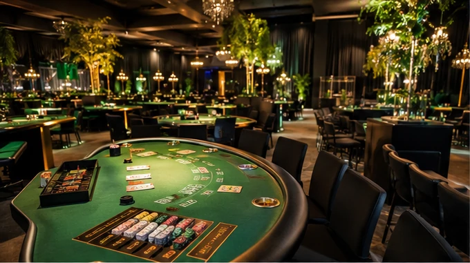 Stijlvol ingerichte zaal voor een casino-thema evenement met schone speeltafels en decoratie