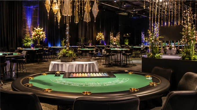 Verzorgde zaal ingericht voor een casino-thema evenement met schone speeltafels en sfeervolle verlichting