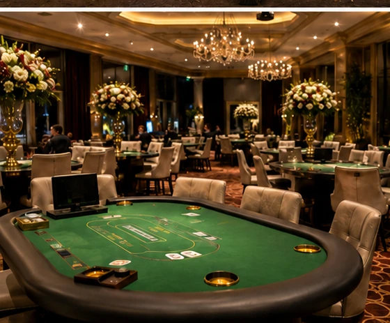 Stijlvol ingerichte casinozaal met schone speeltafels en sfeerverlichting klaar voor bezoekers