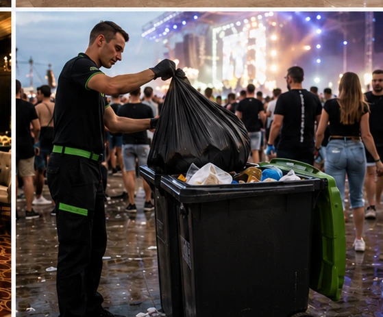 Schoonmaakmedewerker die afval verwijdert op een druk gaming festival met publiek op de achtergrond