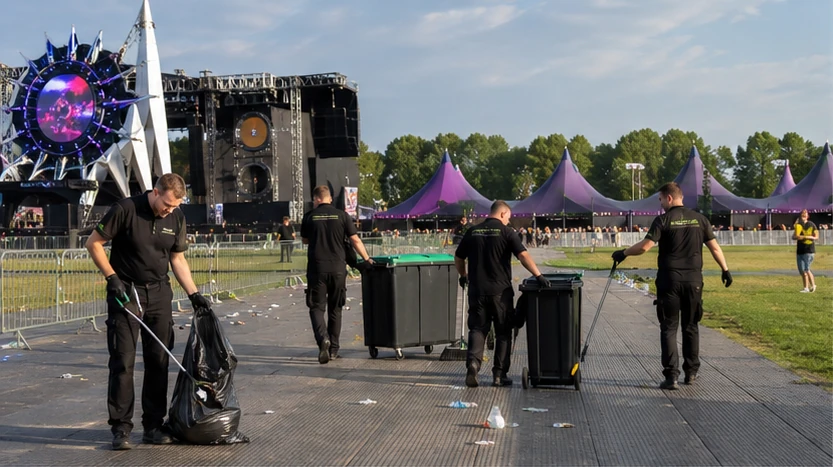 Professioneel schoonmaakteam van GP Events actief op een groot festivalterrein in Nederland
