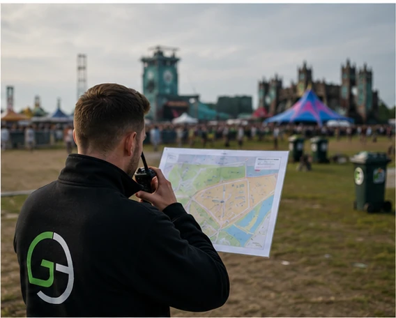 Schoonmaakcoördinator die een festivalterrein inspecteert en zones aanwijst op een plattegrond